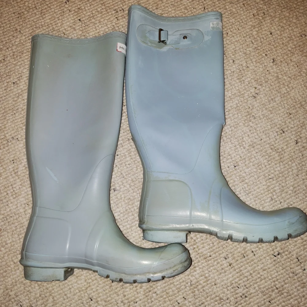 Hunter Original Gloss Tall Boots light blue well used worn with FLAWS SEE PHOTOS